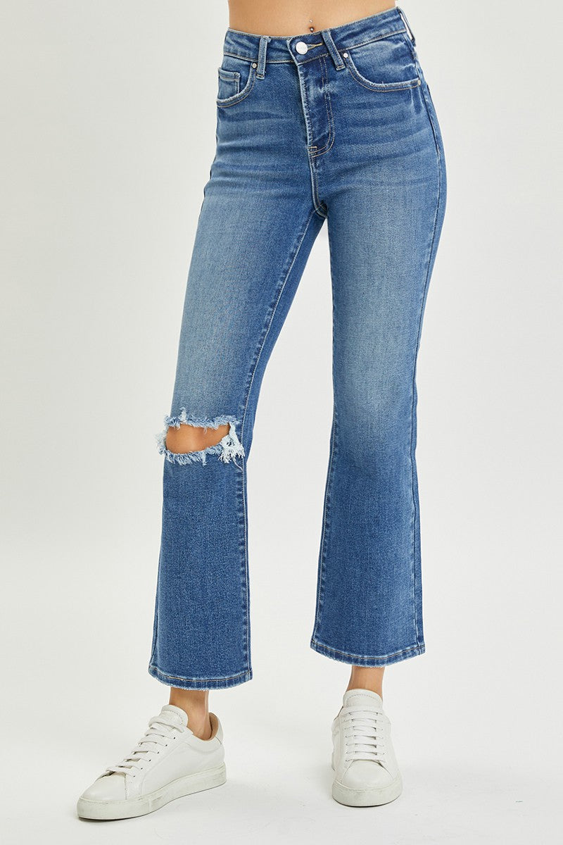 High Rise Distressed Risen Ankle flare Jeans